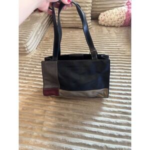 Vintage SAK Original Patchwork Leather Shoulder Bag Black Burgundy Tan Silver